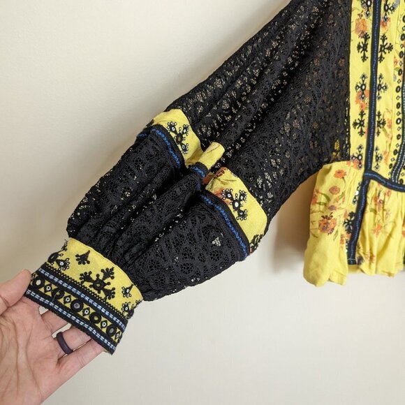 Free People Boogie All Night cropped blouse black lace balloon sleeves EUC - Picture 2 of 9